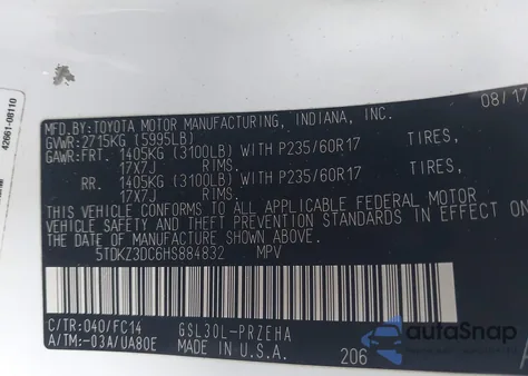 2017 Toyota Sienna Le 8 Passenger z USA, uszkodzony, nr VIN 5TDKZ3DC6HS884832